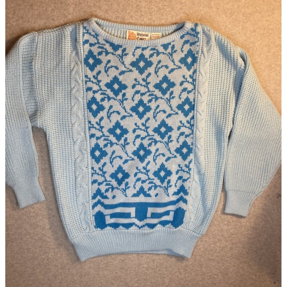 VTG Sweater Sz M Bristol Court Light Blue Cable Knit Floral 80s Momcore